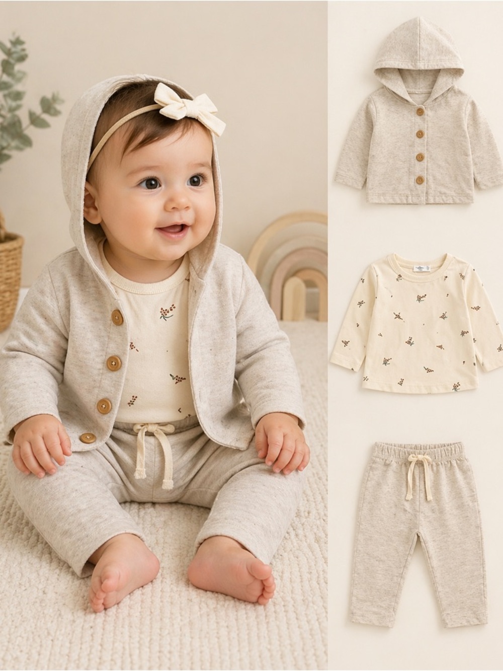 Baby Neutral 3pc Set Hoodie Top Pants 3-6M
